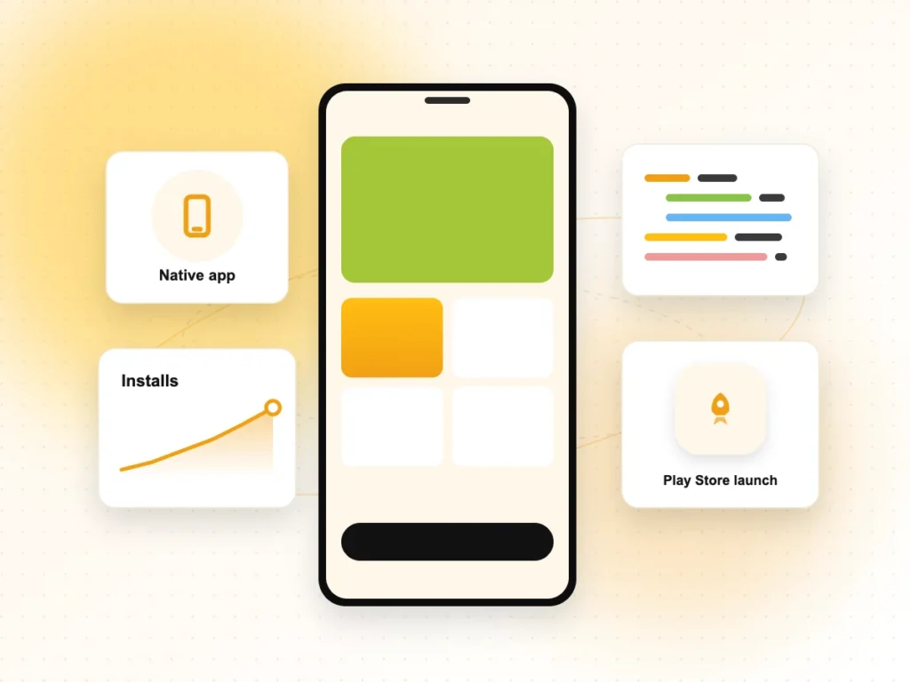 Illustration of an Android app on a phone with installs chart and Play Store launch