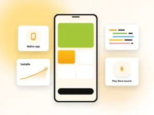 Illustration of an Android app on a phone with installs chart and Play Store launch