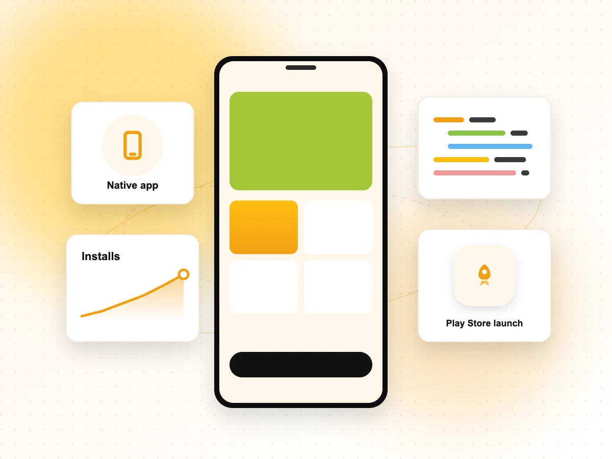 Illustration of an Android app on a phone with installs chart and Play Store launch