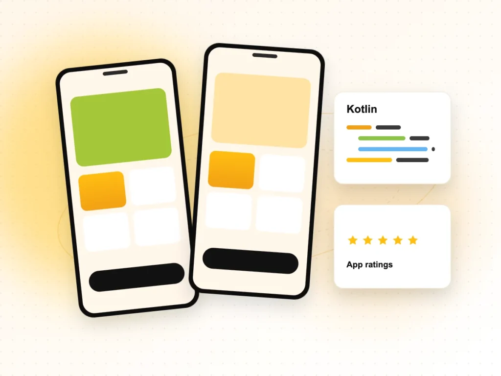Illustration of Android app screens built with Kotlin and app ratings