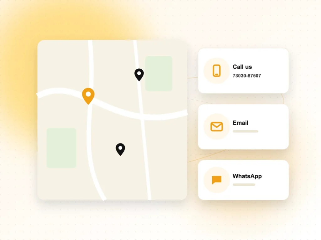 Illustration of a map with office pins and call, email and WhatsApp contact options