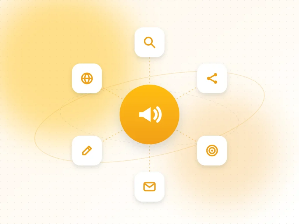 Illustration of digital marketing channels connected: search, social, ads, email and content