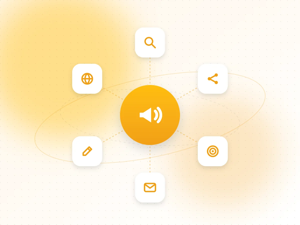 Illustration of digital marketing channels connected: search, social, ads, email and content