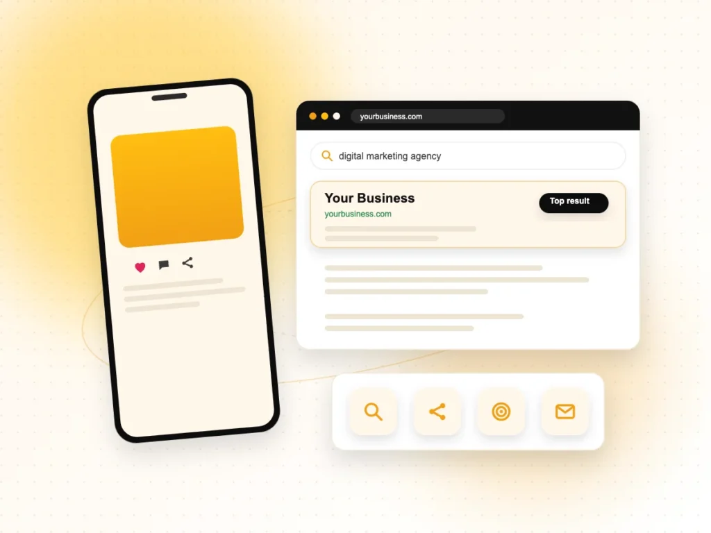 Illustration of a social feed and a search result working together