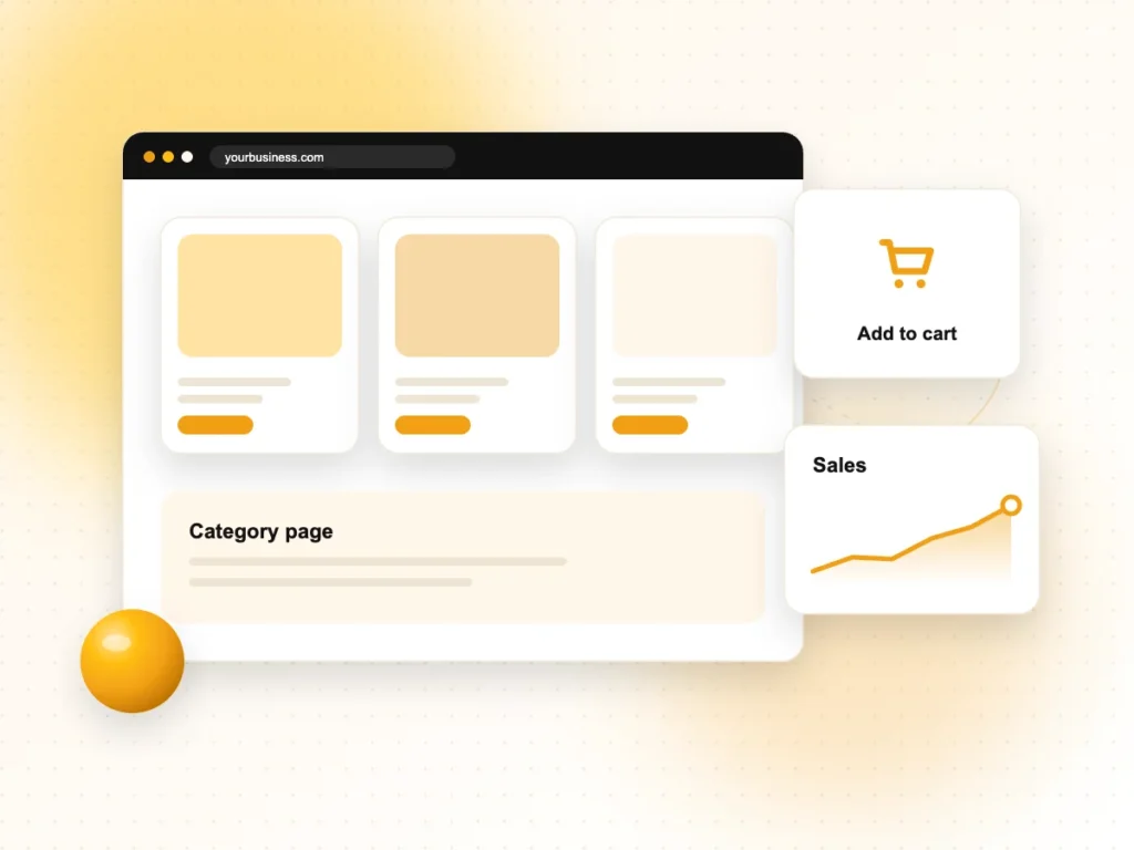 Illustration of an online store category page with products, cart and a sales chart