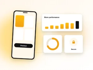 Illustration of a mobile shop checkout with store performance charts