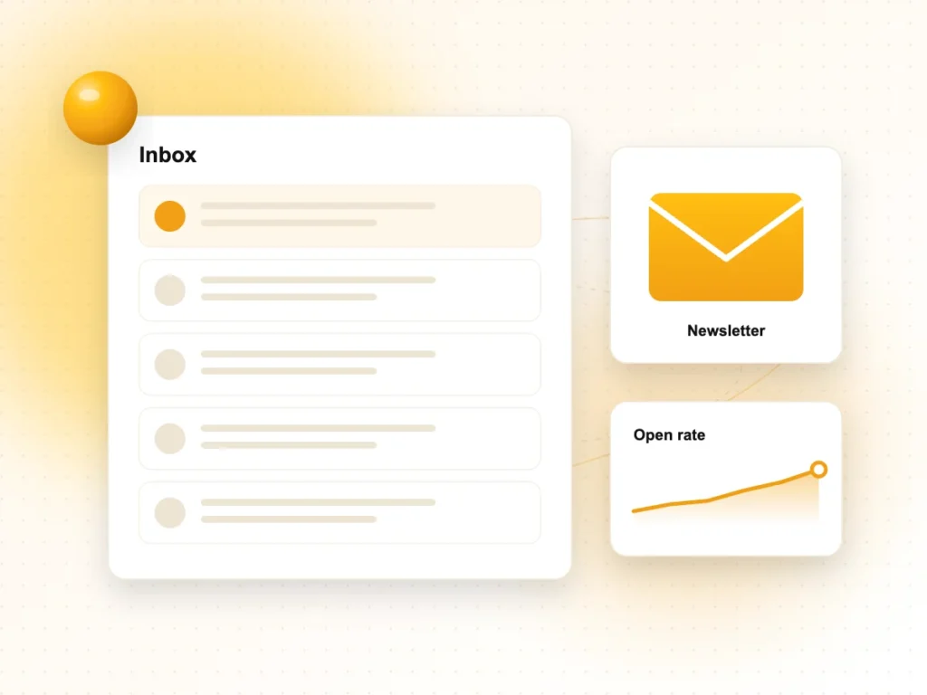 Email Marketing Services Illustration of an email inbox, newsletter and open rate chart