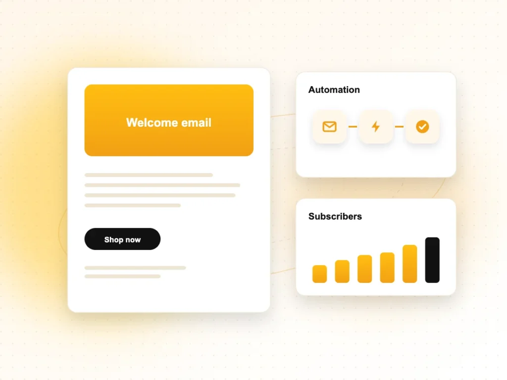 Email Marketing Services Illustration of a welcome email with automation steps and subscriber growth