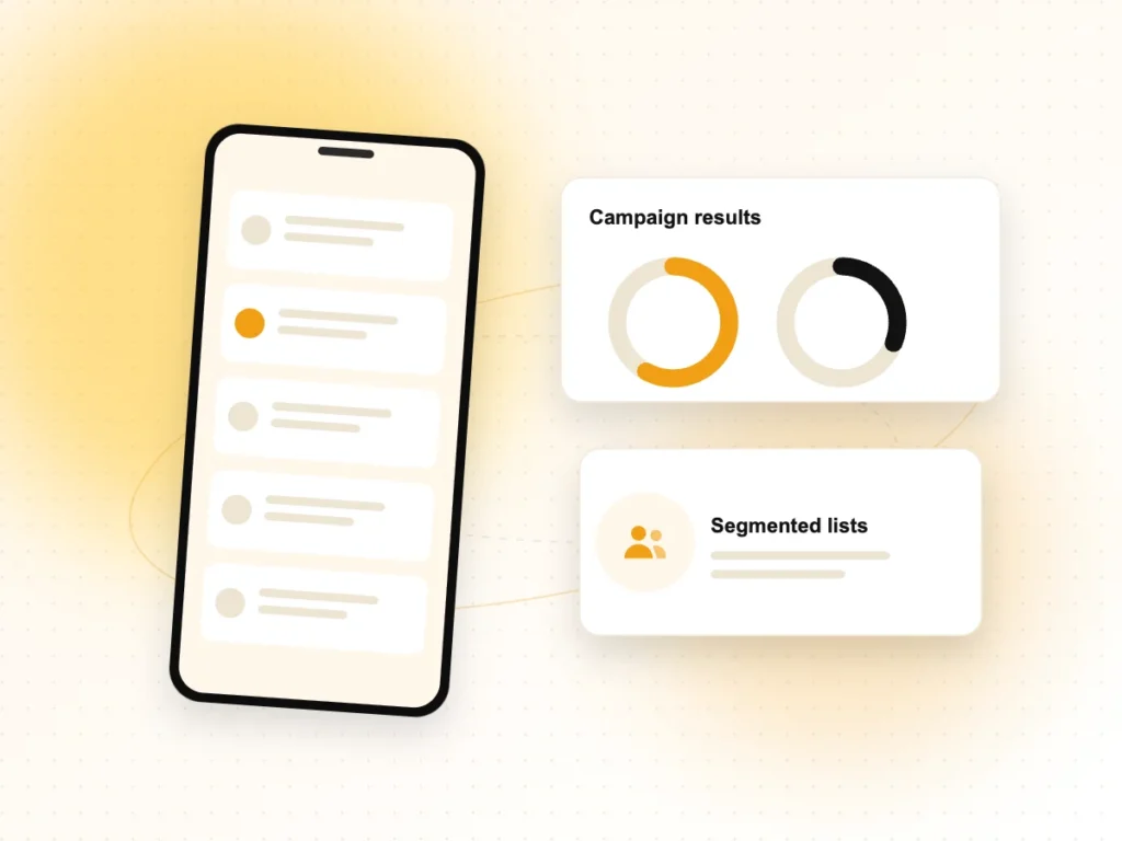 Email Marketing Services Illustration of email campaign results on a phone with segmented lists