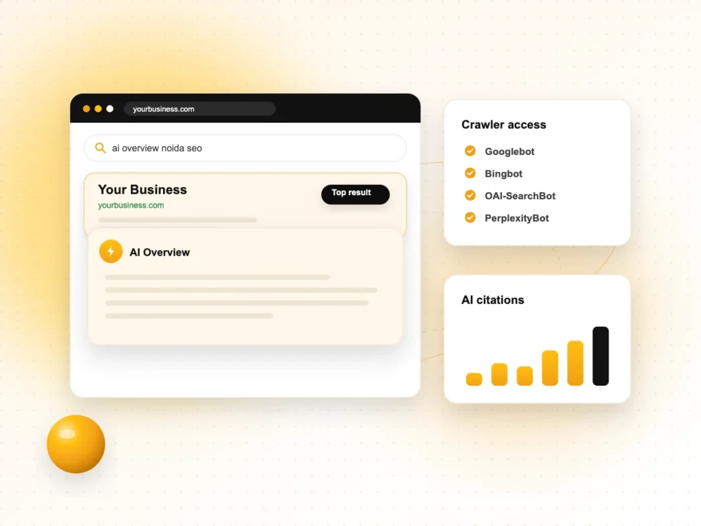 Video SEO Services Illustration of an AI Overview with crawler access checks and AI citation growth