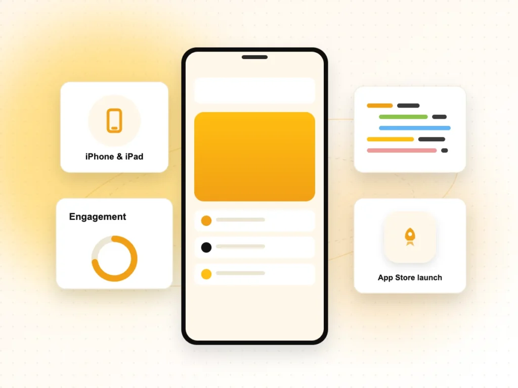 Illustration of an iOS app on an iPhone with engagement and App Store launch