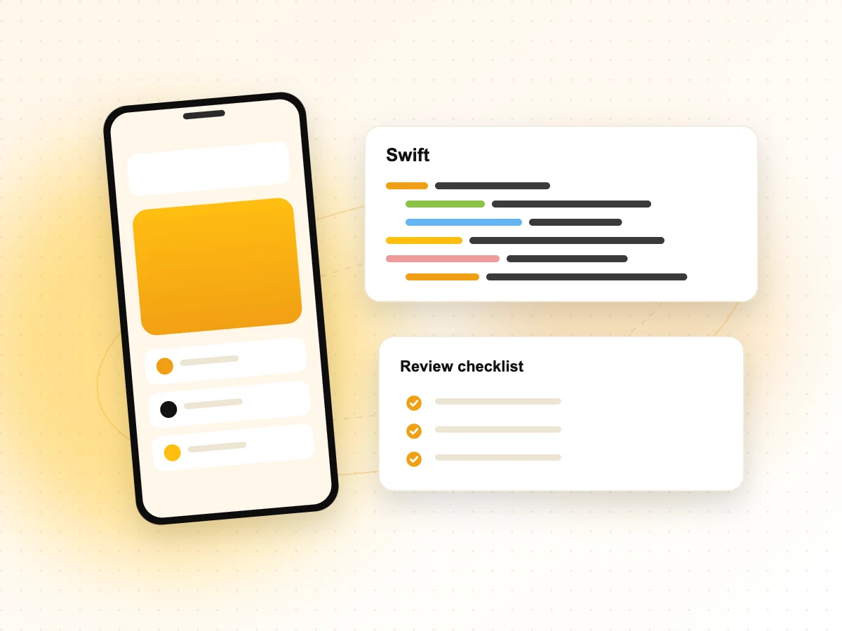 Illustration of an iOS app built in Swift with an App Store review checklist