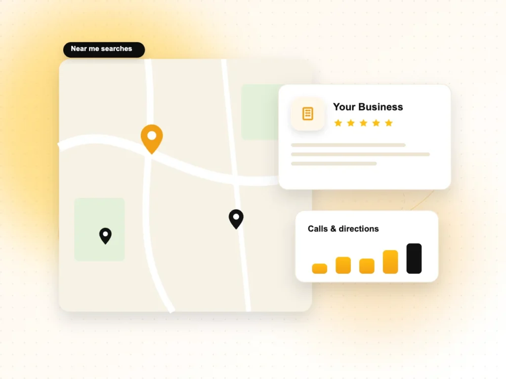 Illustration of a local map with business location pins and a Google Business Profile card