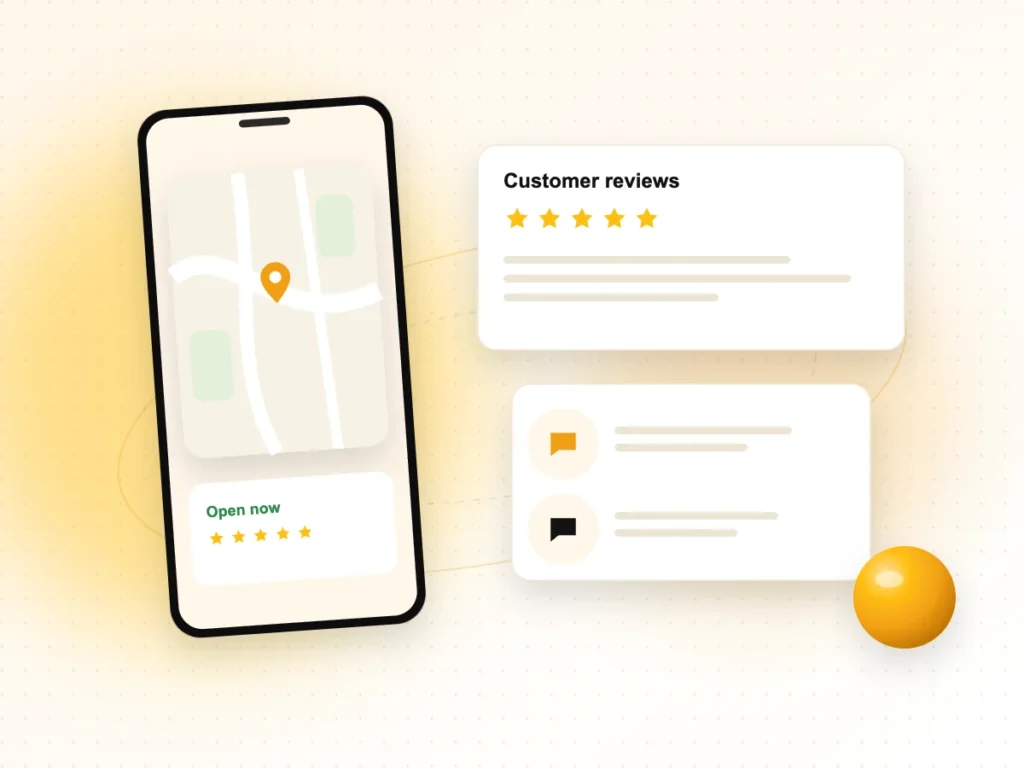 Illustration of a phone map showing a local business with customer reviews