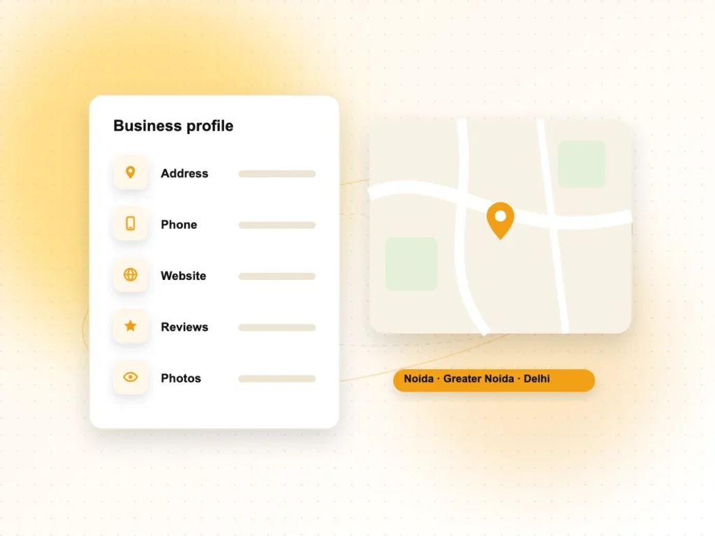 Illustration of a business profile with address, phone, website and reviews for Noida, Greater Noida and Delhi