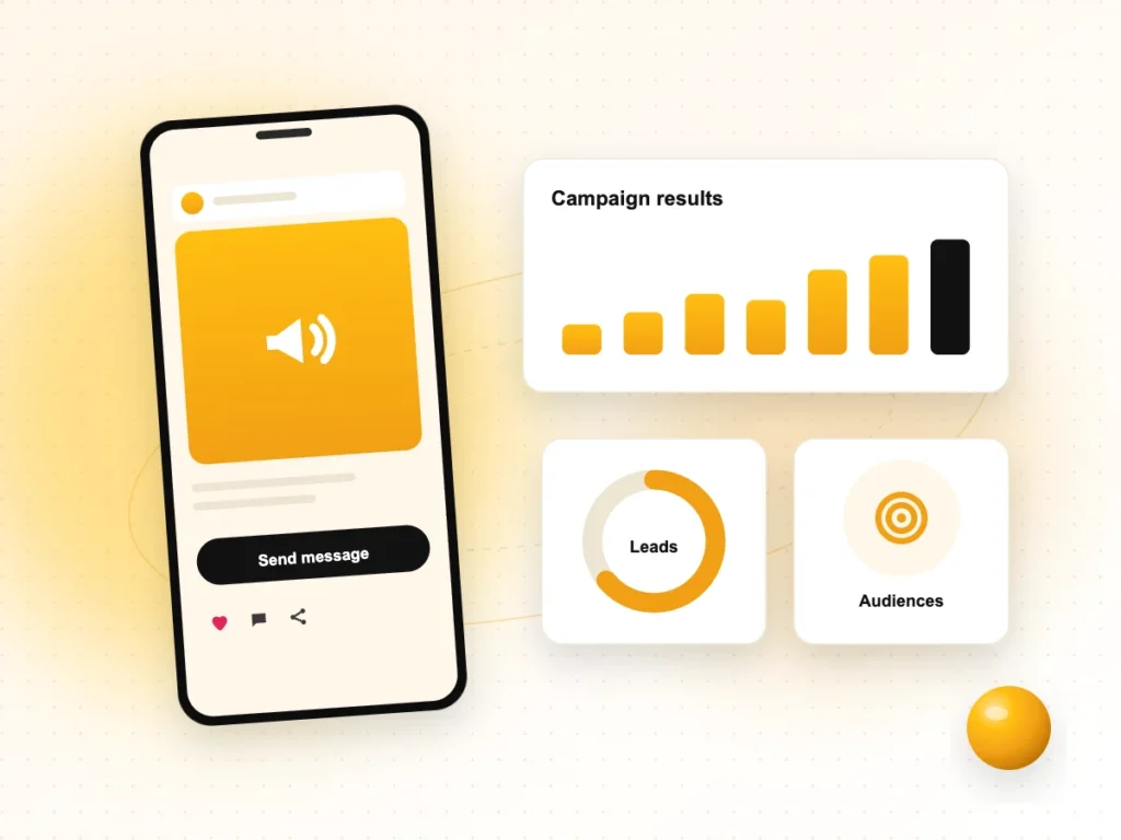 Illustration of a social media ad on a phone with campaign results