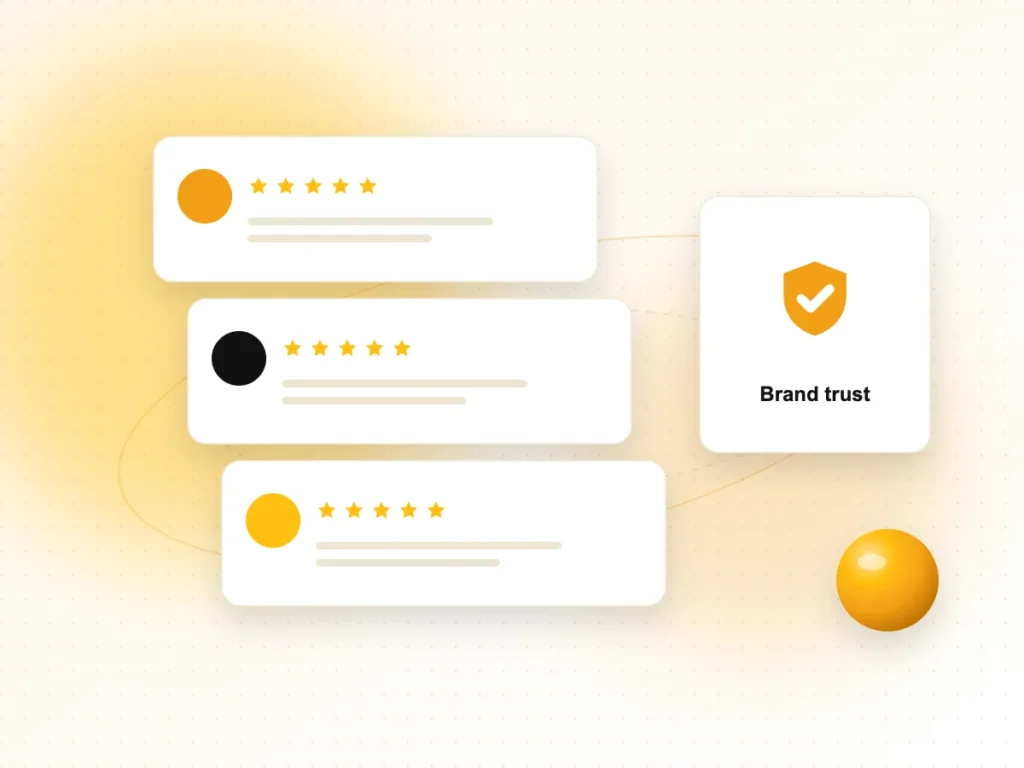 Illustration of five-star customer reviews and a brand trust shield