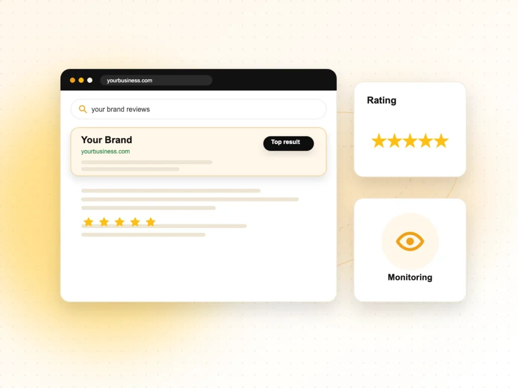 Illustration of brand reviews in search results with rating and monitoring