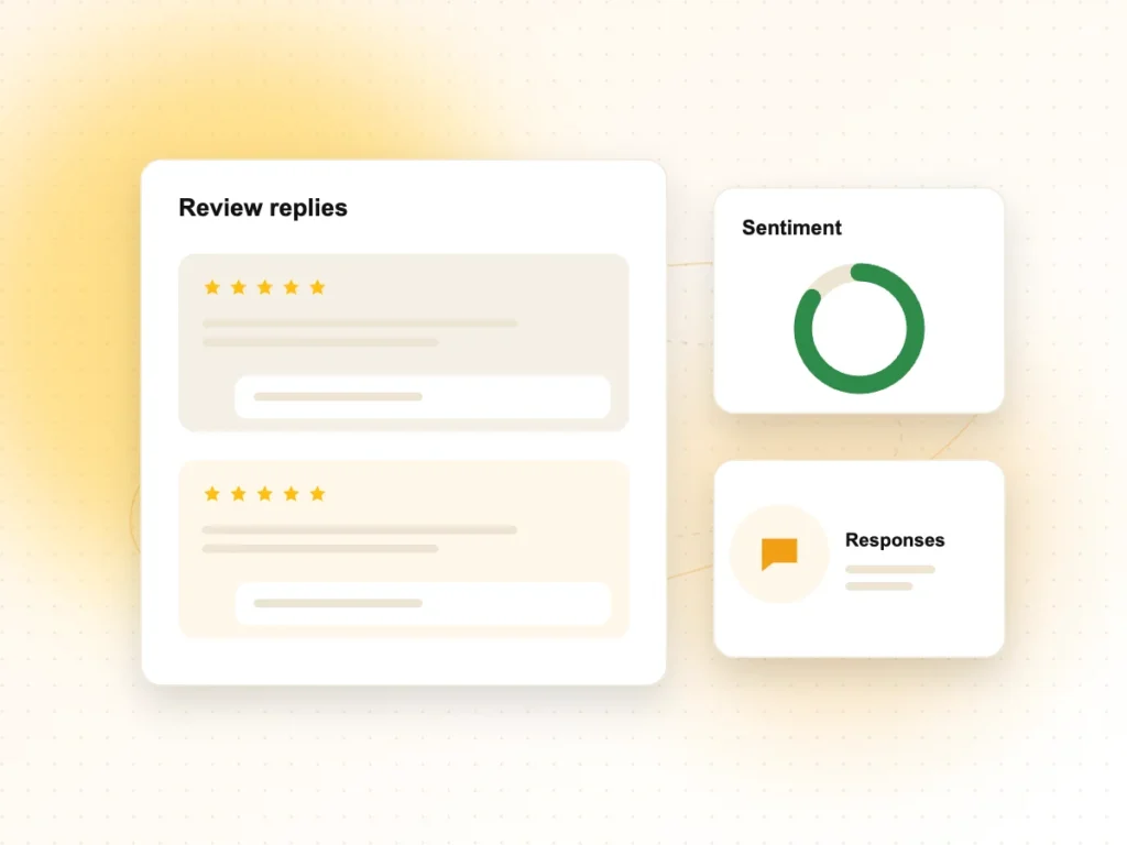 Illustration of review replies with a sentiment chart