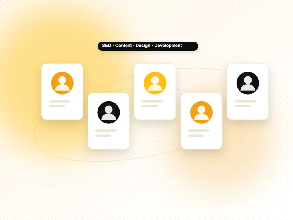 Illustration of team members covering SEO, content, design and development