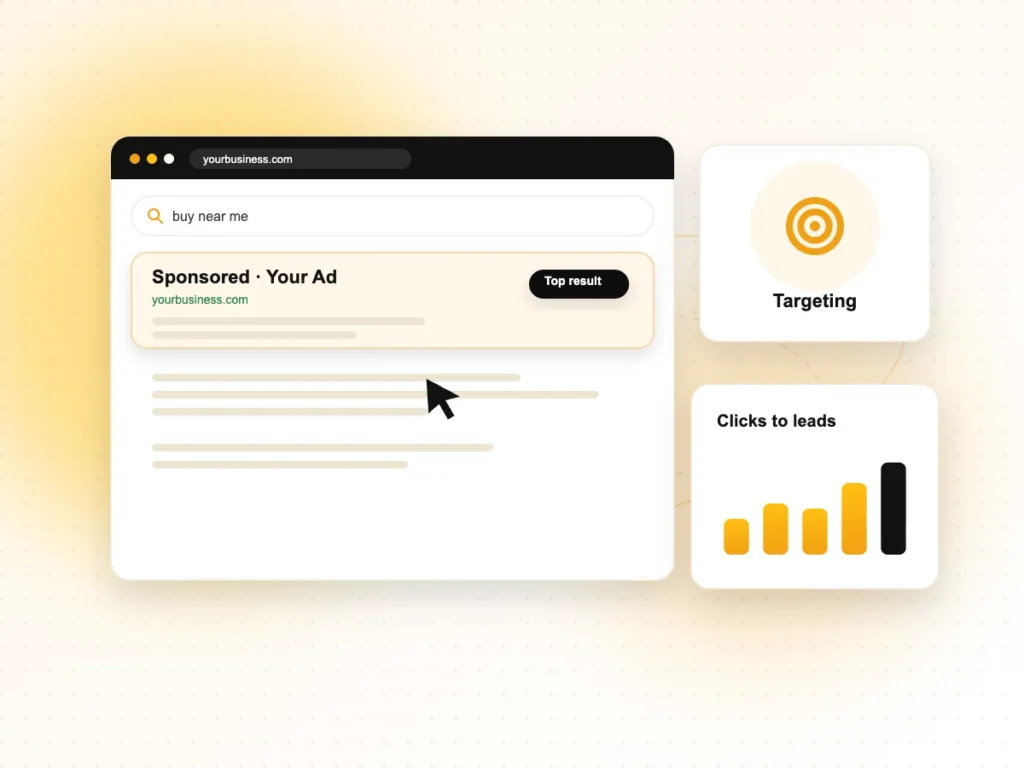 Illustration of a sponsored search ad with targeting and clicks to leads chart