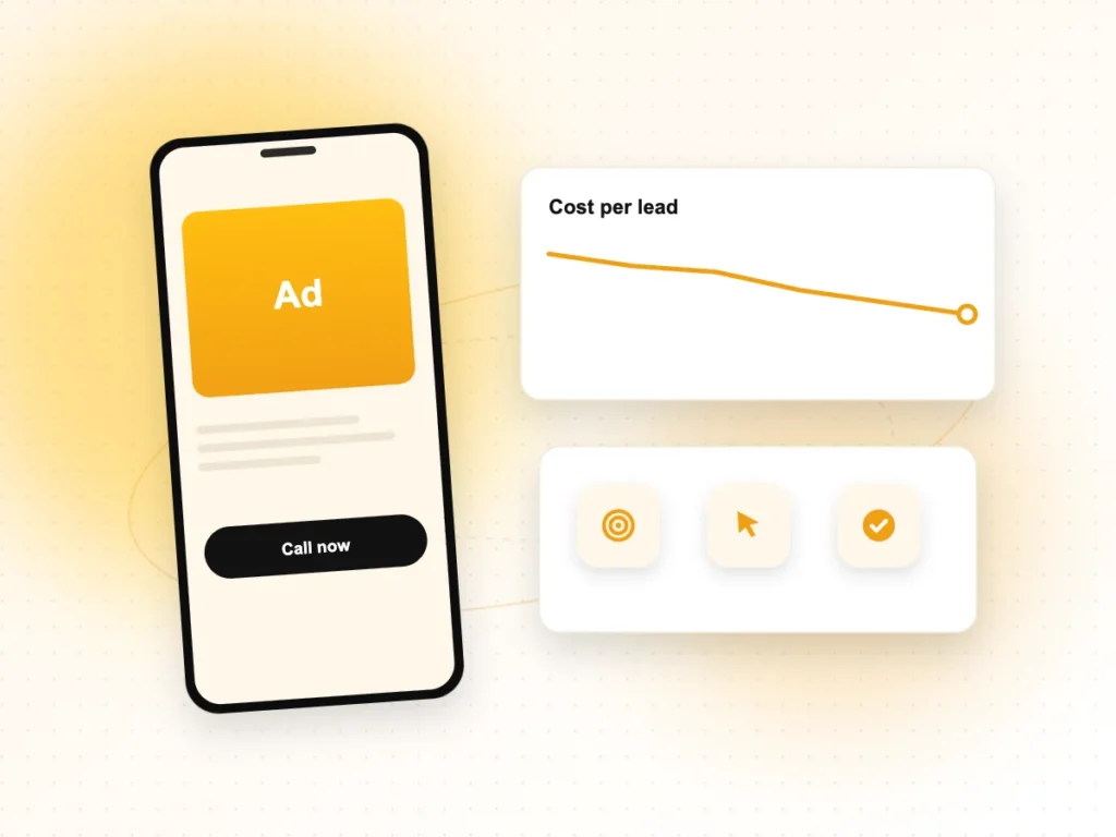 Illustration of a mobile ad with a call button and cost per lead chart