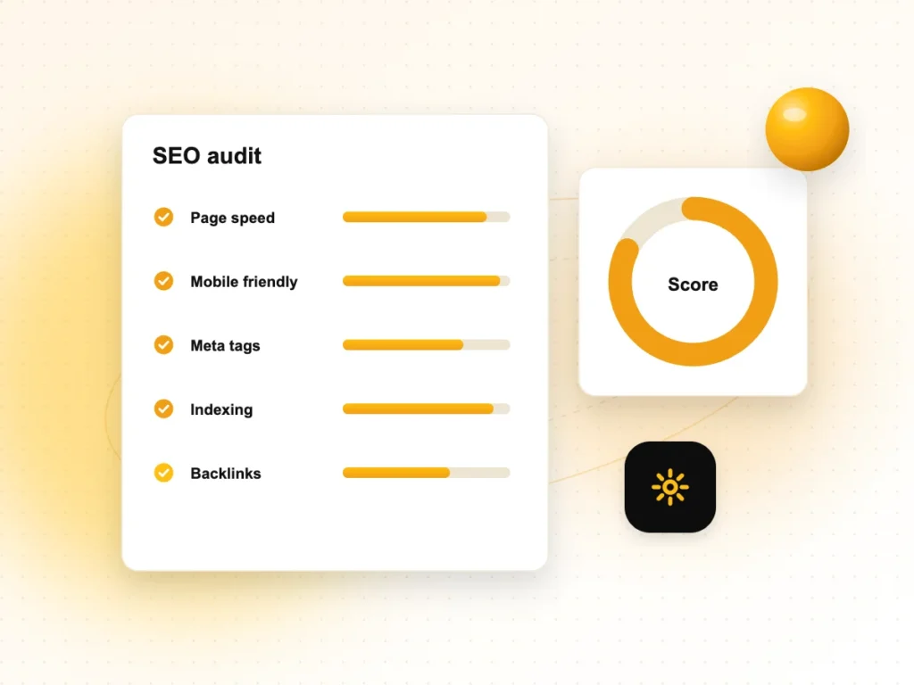 Illustration of an SEO audit checklist with page speed, mobile and indexing scores