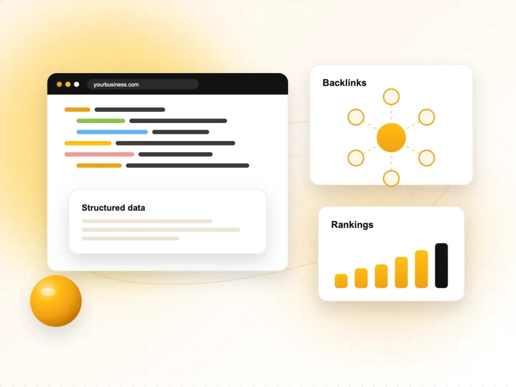 Illustration of structured data, backlinks and a rising rankings chart