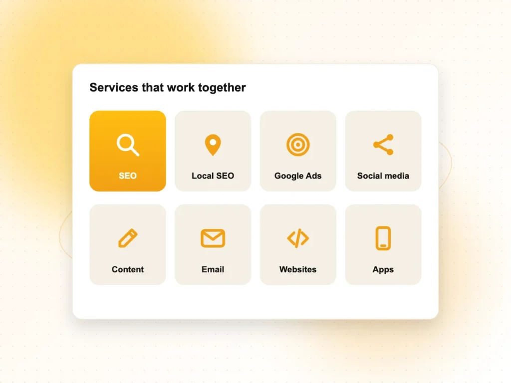 Illustration of SEO, local SEO, Google Ads, social media, content, email, websites and apps working together