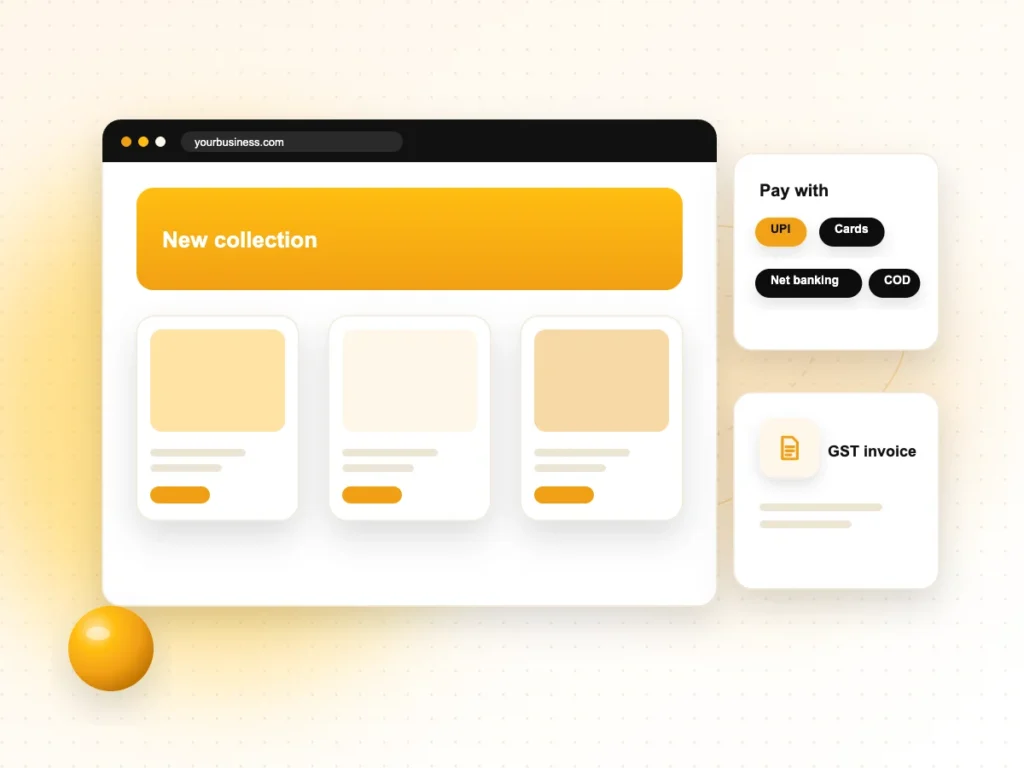 Illustration of an online store with UPI, cards, net banking and COD payment options
