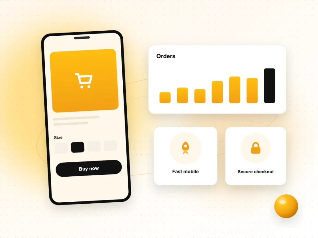 Illustration of a mobile product page with buy now button and order growth