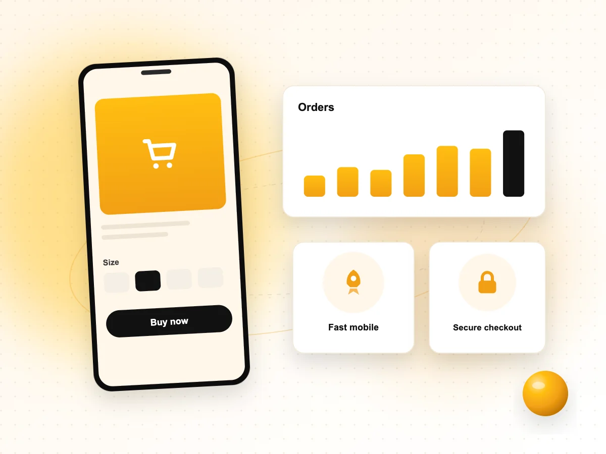 Illustration of a mobile product page with buy now button and order growth