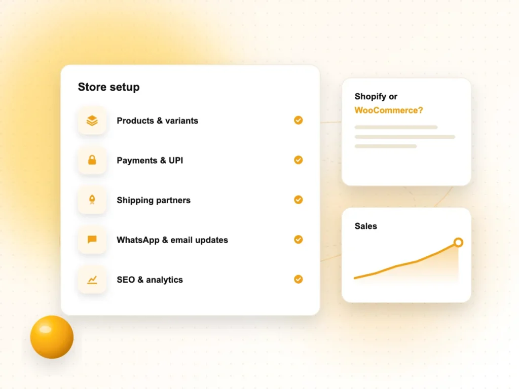 Illustration of an online store setup checklist with payments, shipping and SEO
