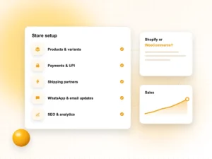 Illustration of an online store setup checklist with payments, shipping and SEO