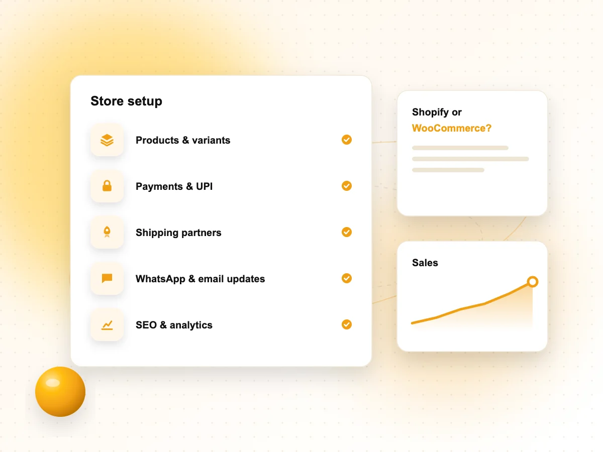 Illustration of an online store setup checklist with payments, shipping and SEO