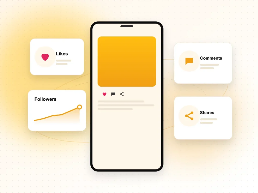 SMO Services Illustration of a social media post on a phone with likes, comments and shares