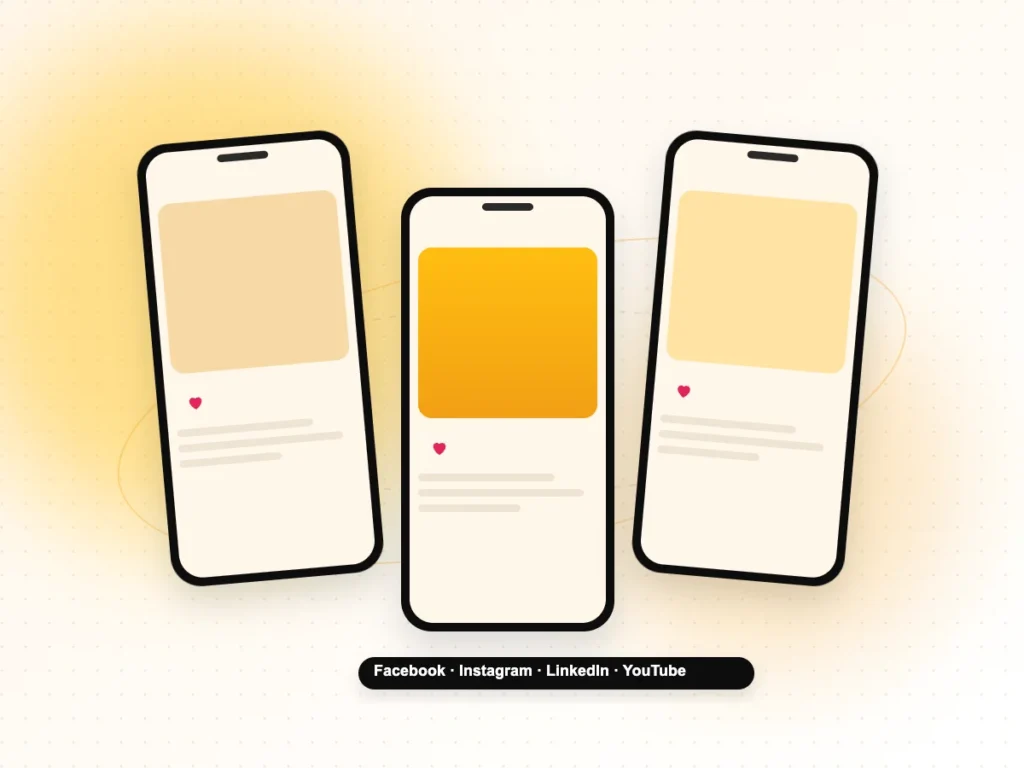 SMO Services Illustration of social posts for Facebook, Instagram, LinkedIn and YouTube