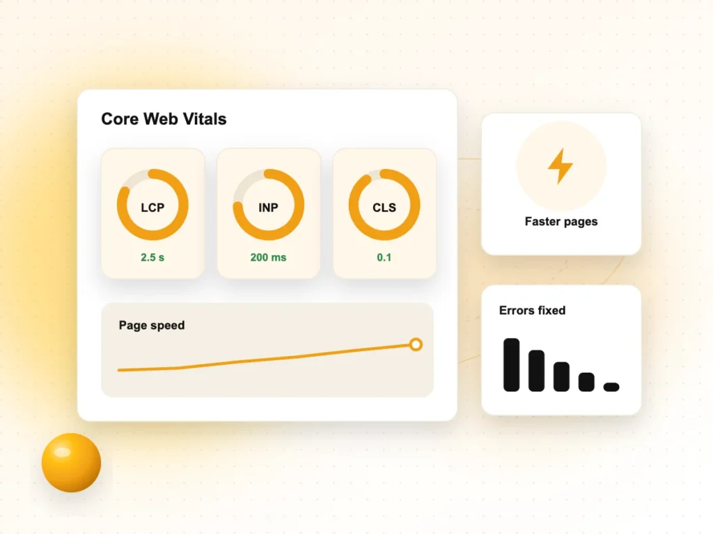 Technical SEO Services Illustration of Core Web Vitals scores for LCP, INP and CLS