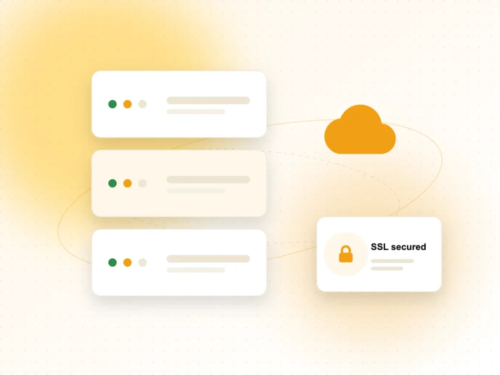 Illustration of web hosting servers, cloud and SSL security