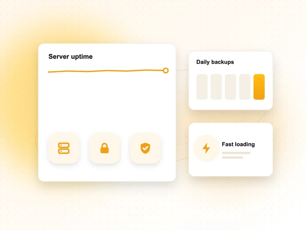 Web Hosting Services Illustration of server uptime, daily backups and fast loading