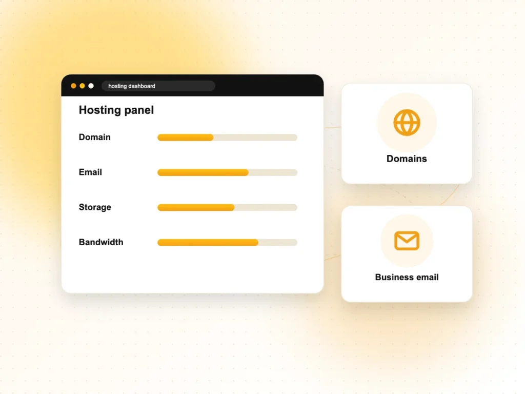 Web Hosting Services Illustration of a hosting panel with domains and business email