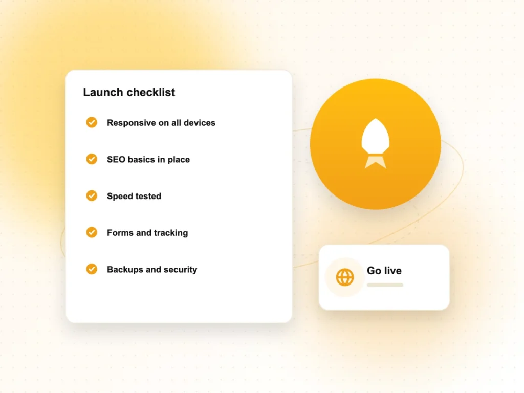 Illustration of a website launch checklist with a rocket