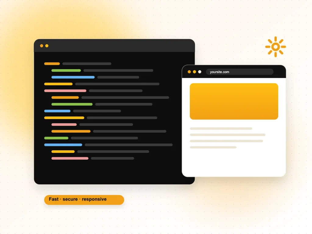 Illustration of website code and a fast, secure website