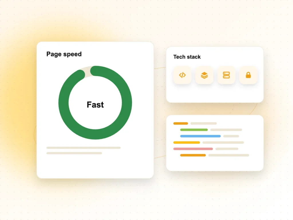 Illustration of page speed score and tech stack for website development
