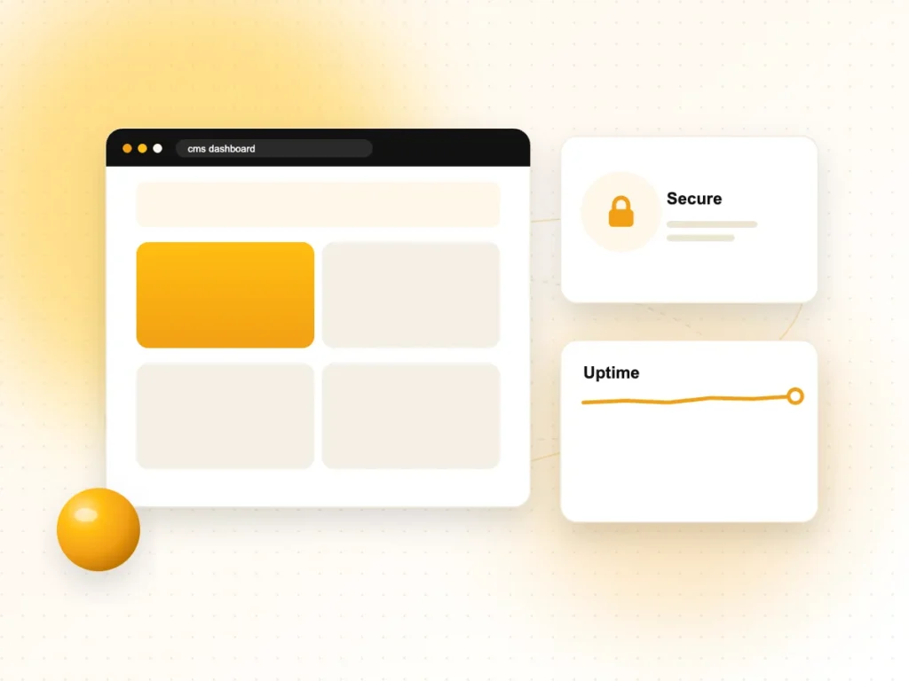 Illustration of a CMS dashboard with security and uptime