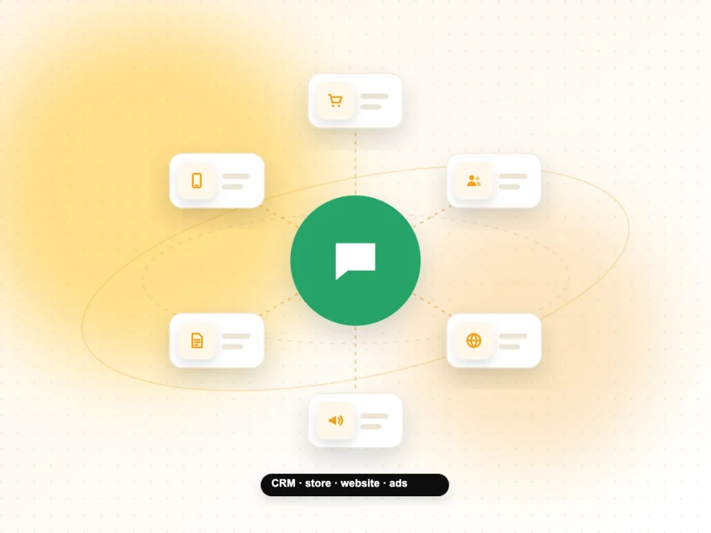 Video SEO Services Illustration of chat messaging connected to CRM, store, website and ads